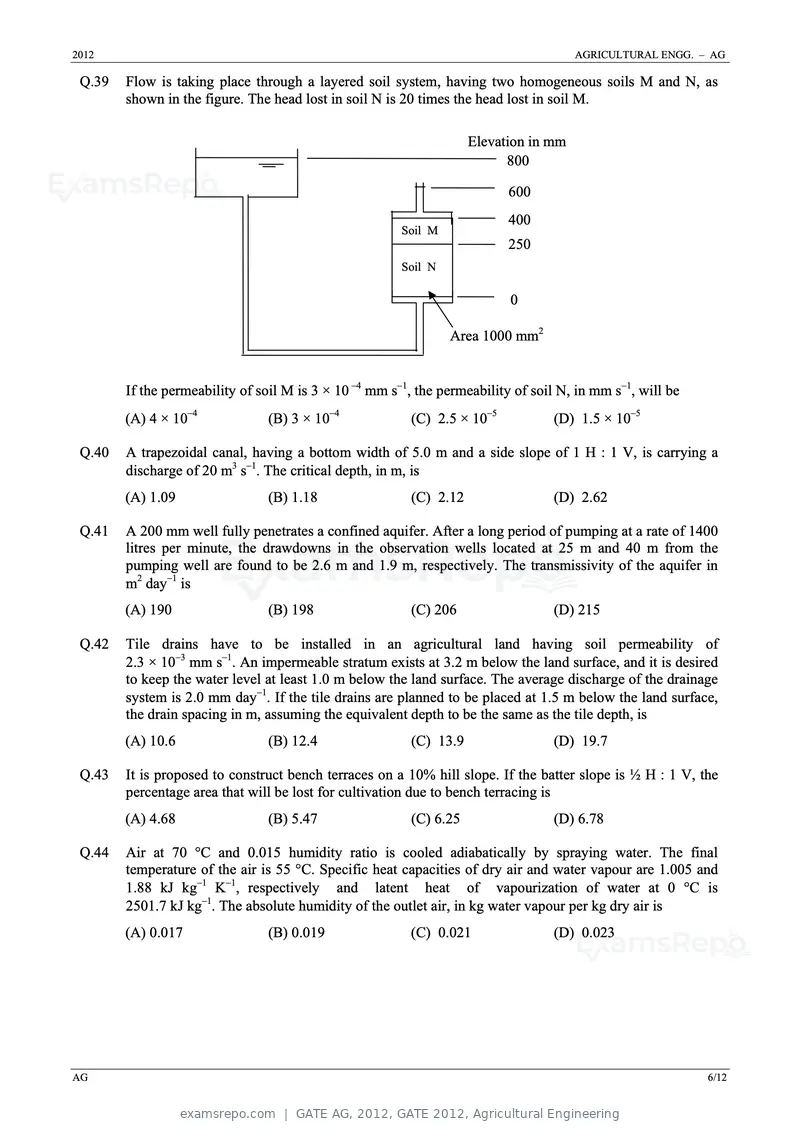 GATE AG 2012 question paper, GATE 2012, Agricultural Engineering, page 6 of 11