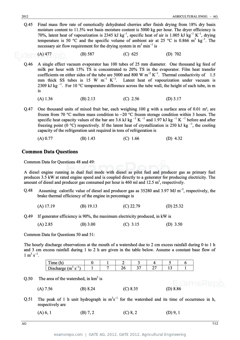 GATE AG 2012 question paper, GATE 2012, Agricultural Engineering, page 7 of 11