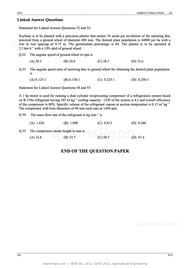 GATE AG 2012 question paper, GATE 2012, Agricultural Engineering, page 8 of 11