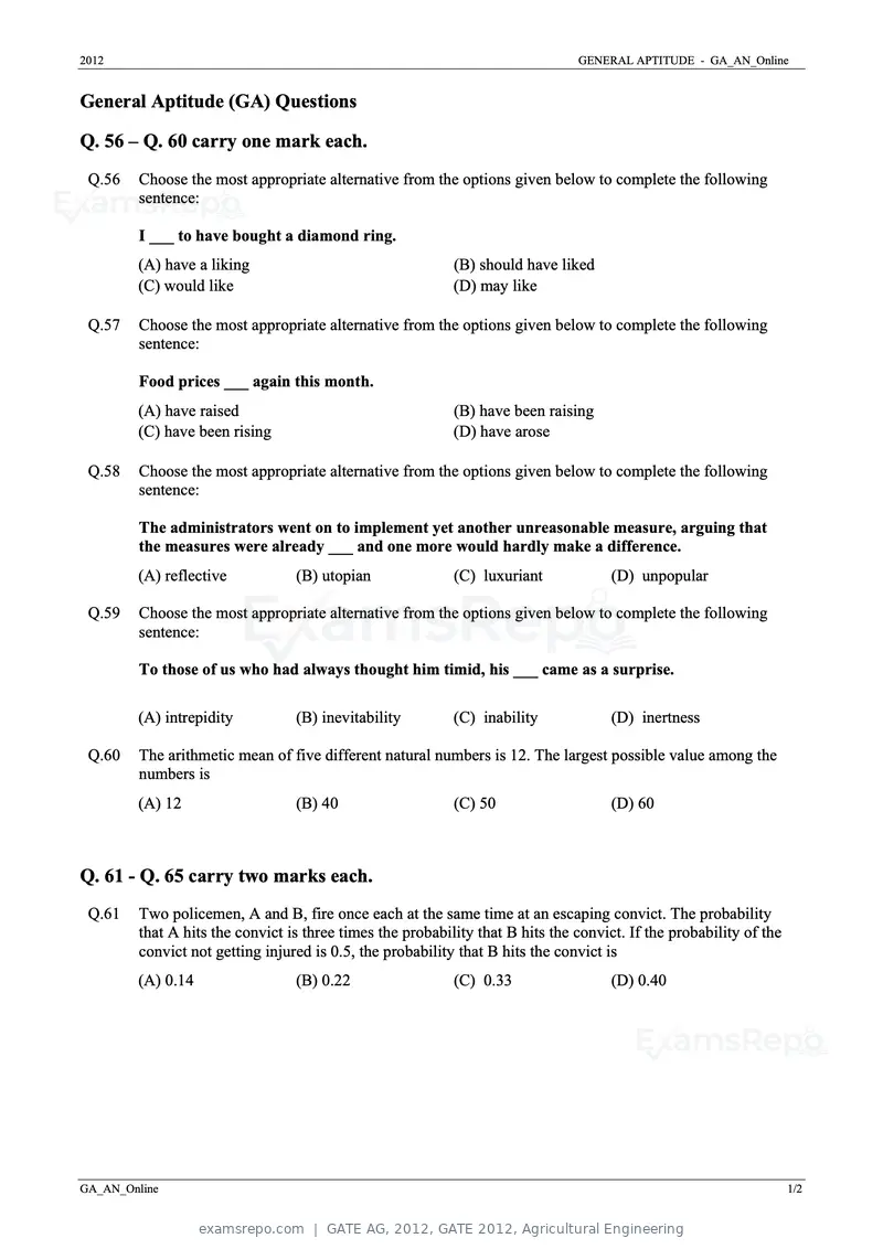 GATE AG 2012 question paper, GATE 2012, Agricultural Engineering, page 9 of 11
