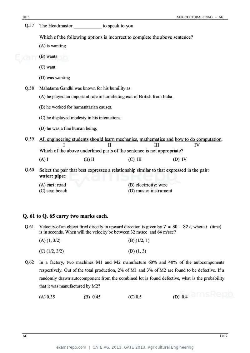 GATE AG 2013 question paper, GATE 2013, Agricultural Engineering, page 11 of 12