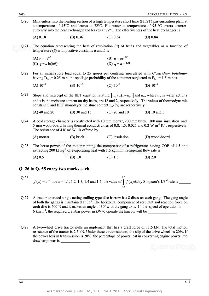 GATE AG 2013 question paper, GATE 2013, Agricultural Engineering, page 6 of 12