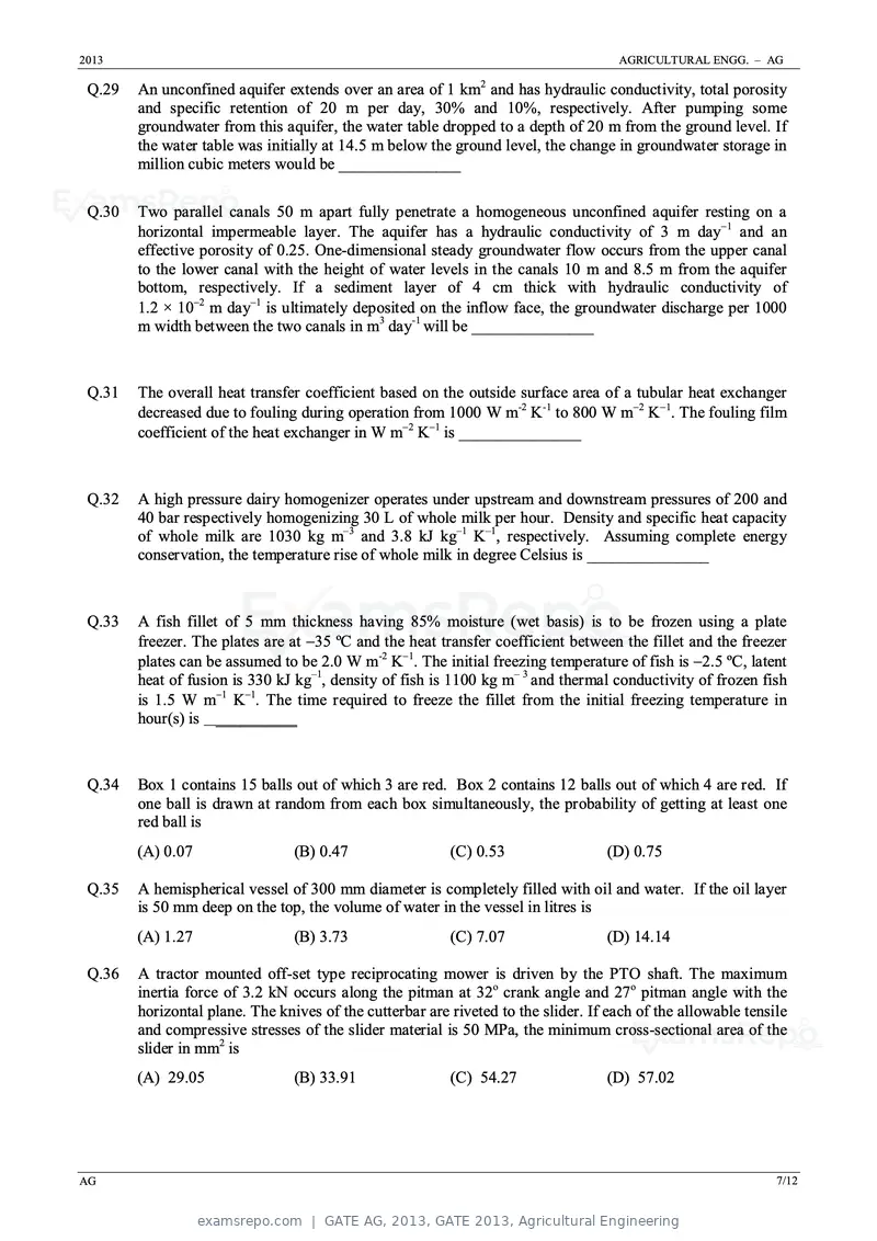GATE AG 2013 question paper, GATE 2013, Agricultural Engineering, page 7 of 12