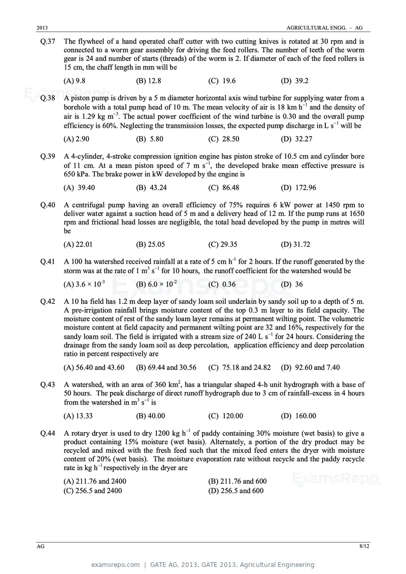 GATE AG 2013 question paper, GATE 2013, Agricultural Engineering, page 8 of 12