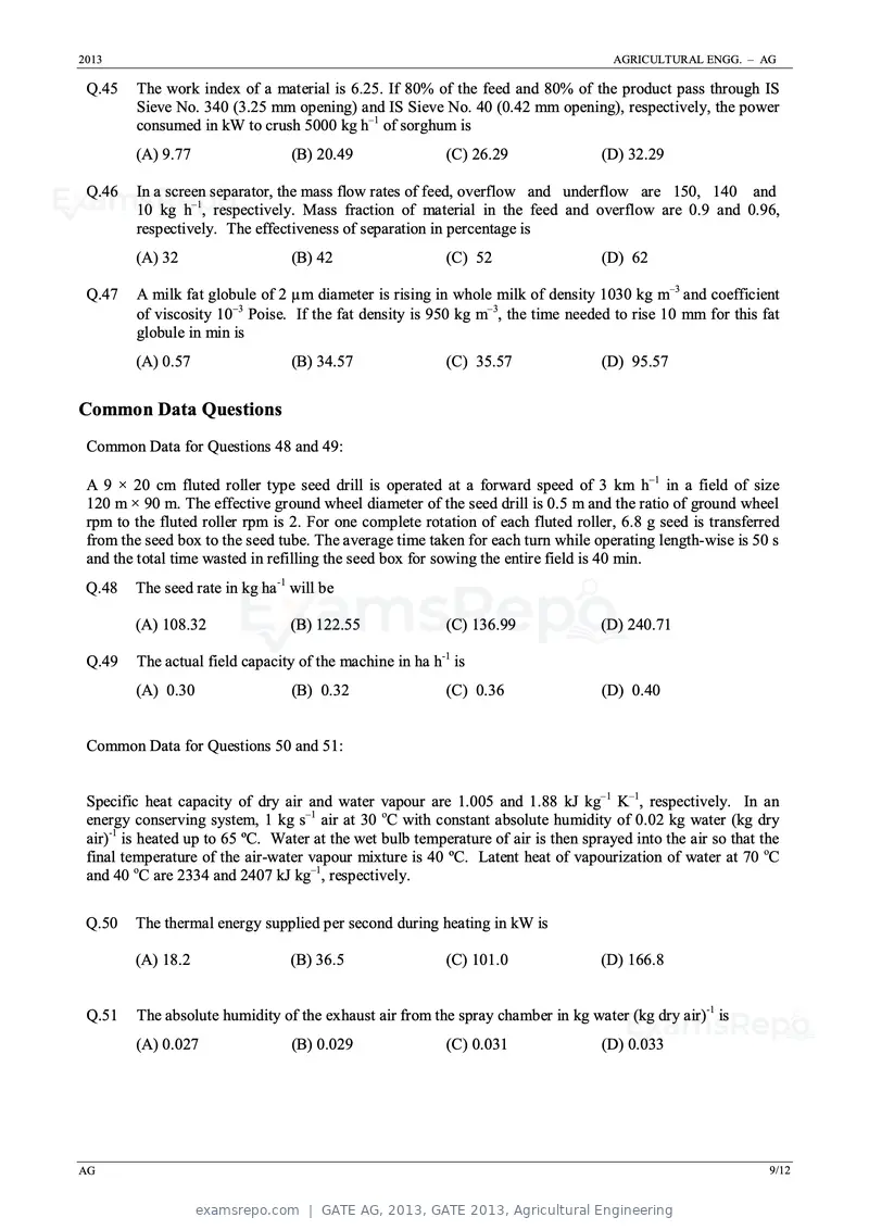 GATE AG 2013 question paper, GATE 2013, Agricultural Engineering, page 9 of 12