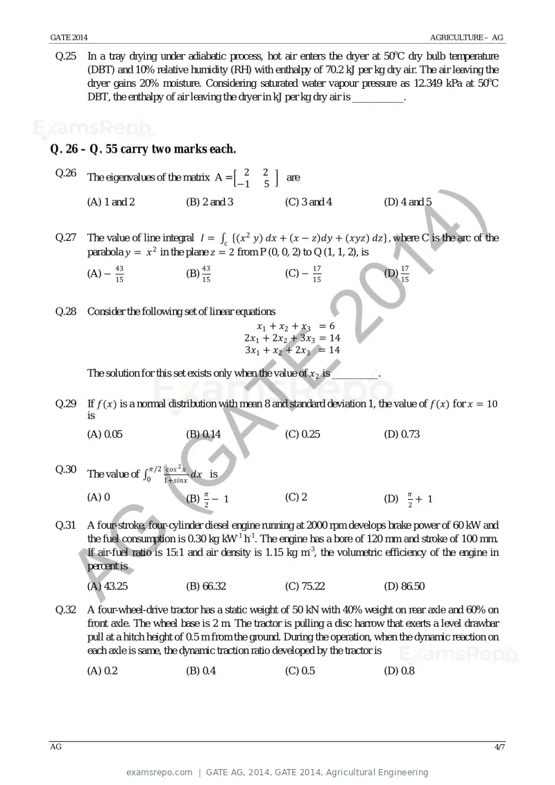 GATE AG 2014 question paper, GATE 2014, Agricultural Engineering, page 10 of 14