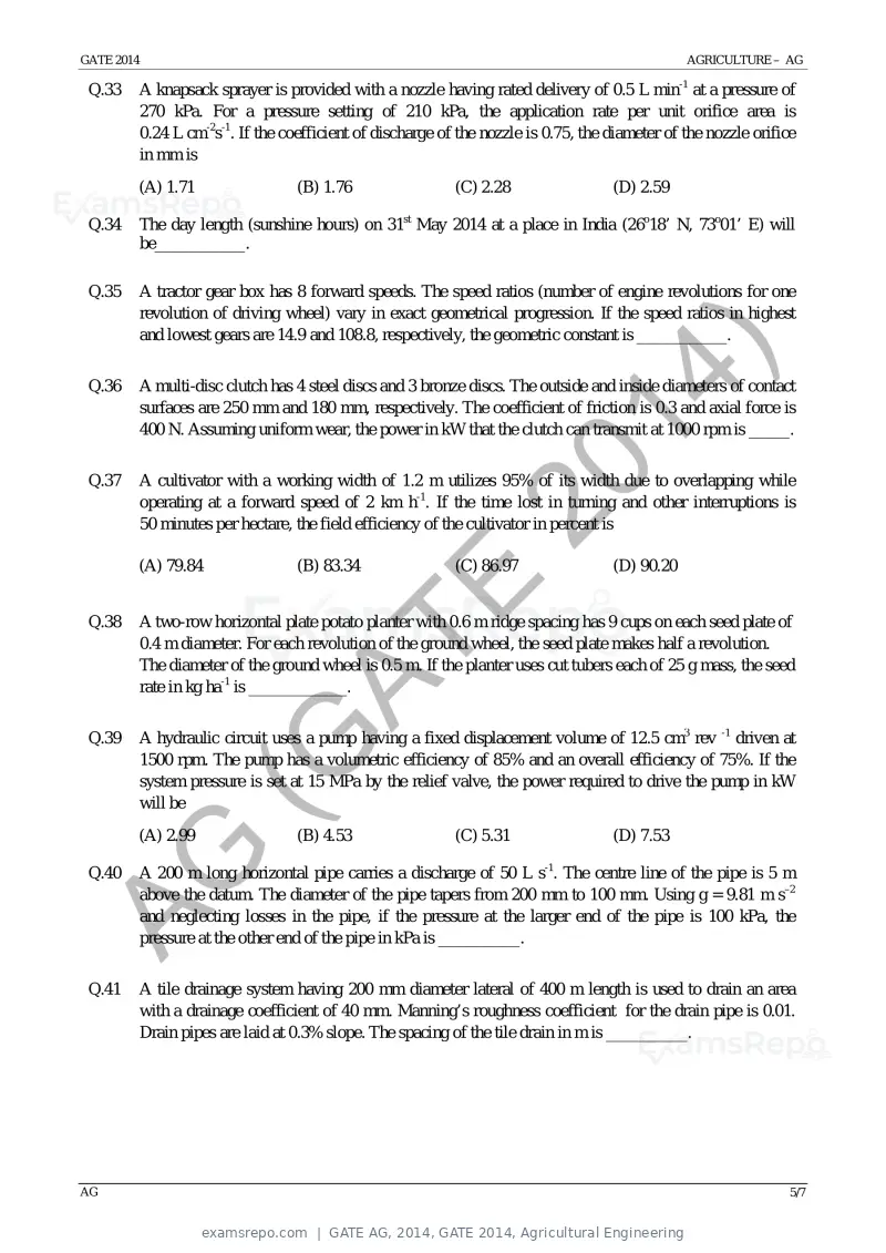 GATE AG 2014 question paper, GATE 2014, Agricultural Engineering, page 11 of 14