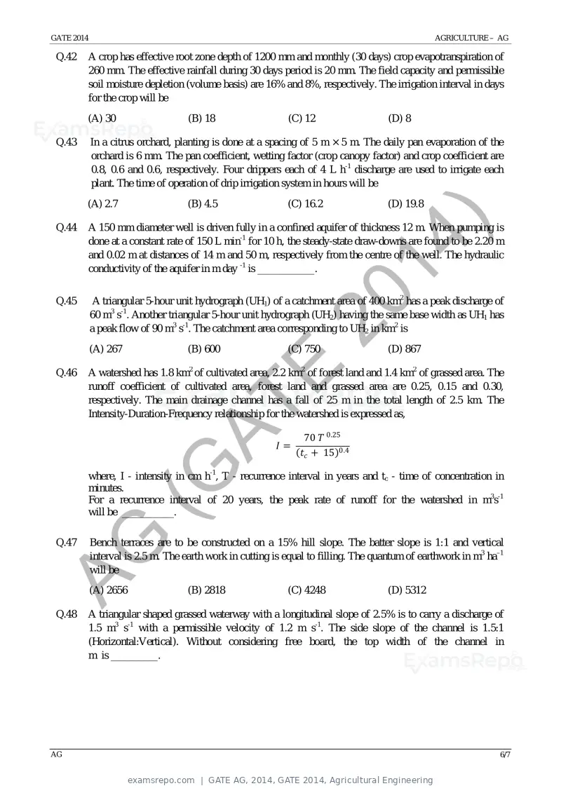 GATE AG 2014 question paper, GATE 2014, Agricultural Engineering, page 12 of 14