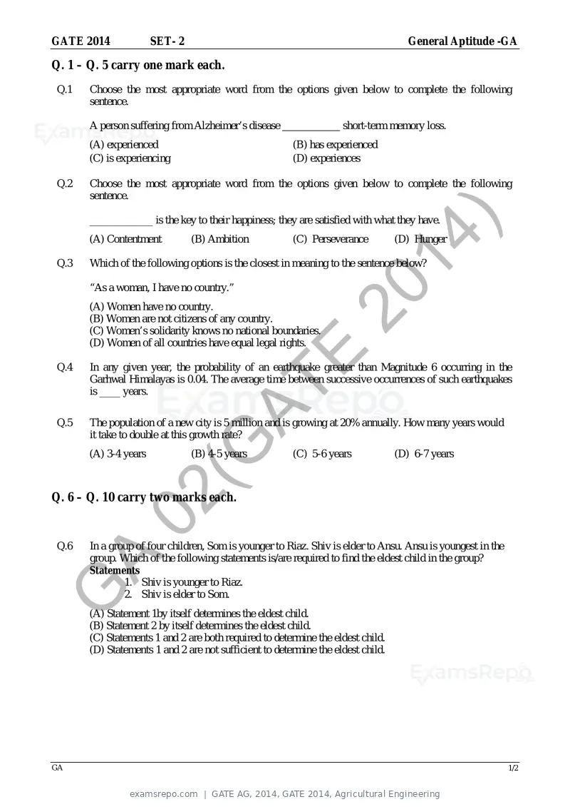 GATE AG 2014 question paper, GATE 2014, Agricultural Engineering, page 5 of 14
