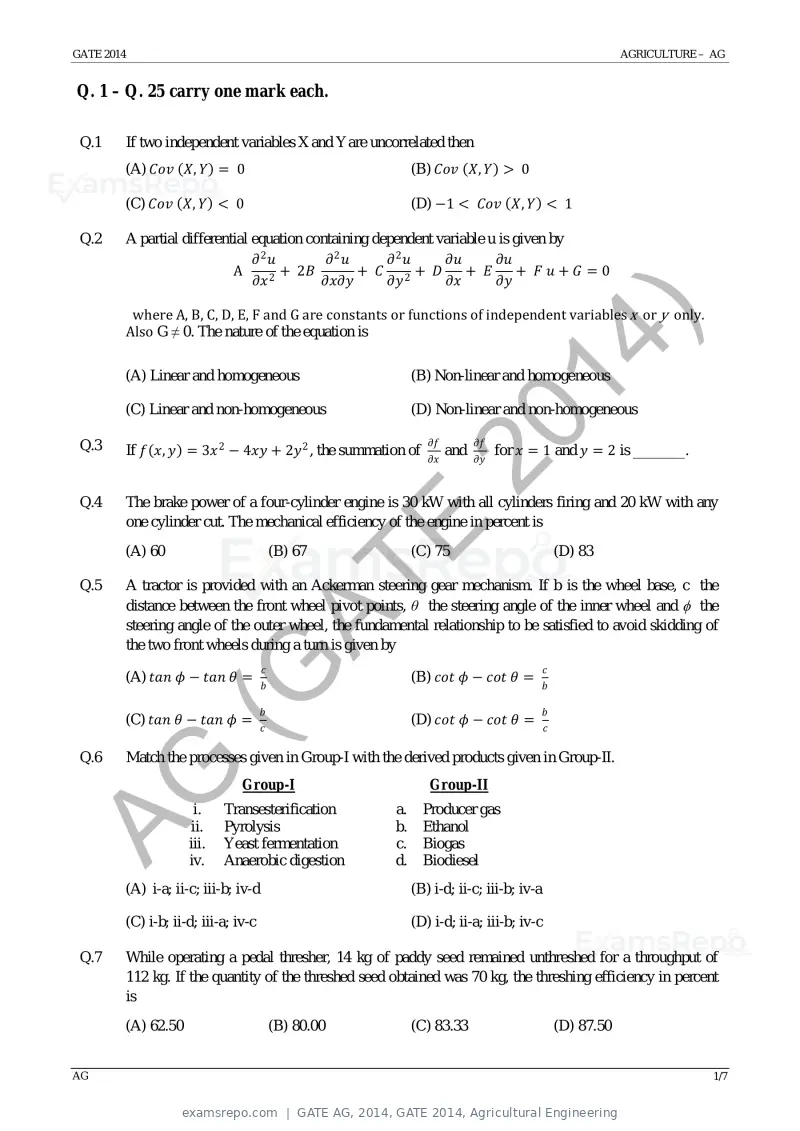 GATE AG 2014 question paper, GATE 2014, Agricultural Engineering, page 7 of 14