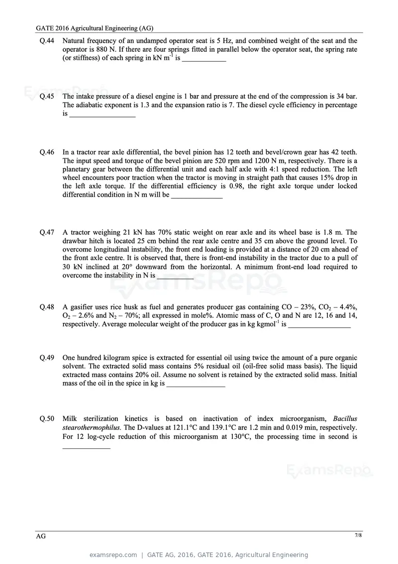 GATE AG 2016 question paper, GATE 2016, Agricultural Engineering, page 10 of 13