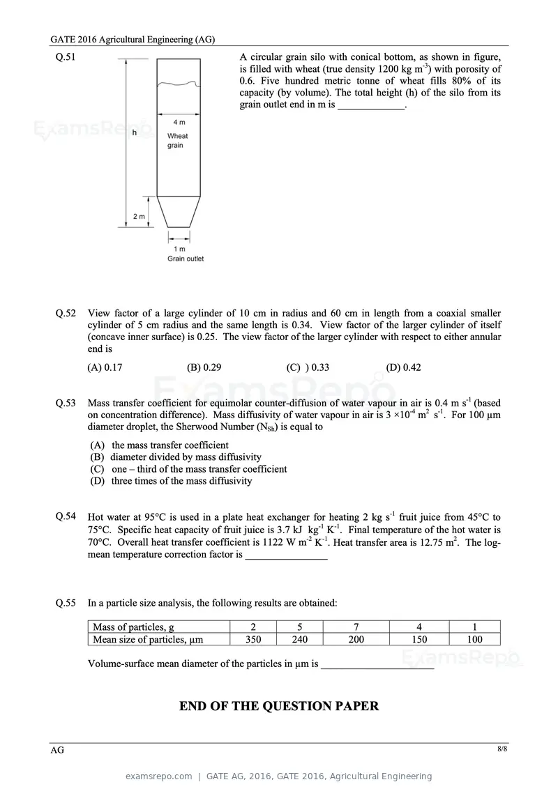 GATE AG 2016 question paper, GATE 2016, Agricultural Engineering, page 11 of 13