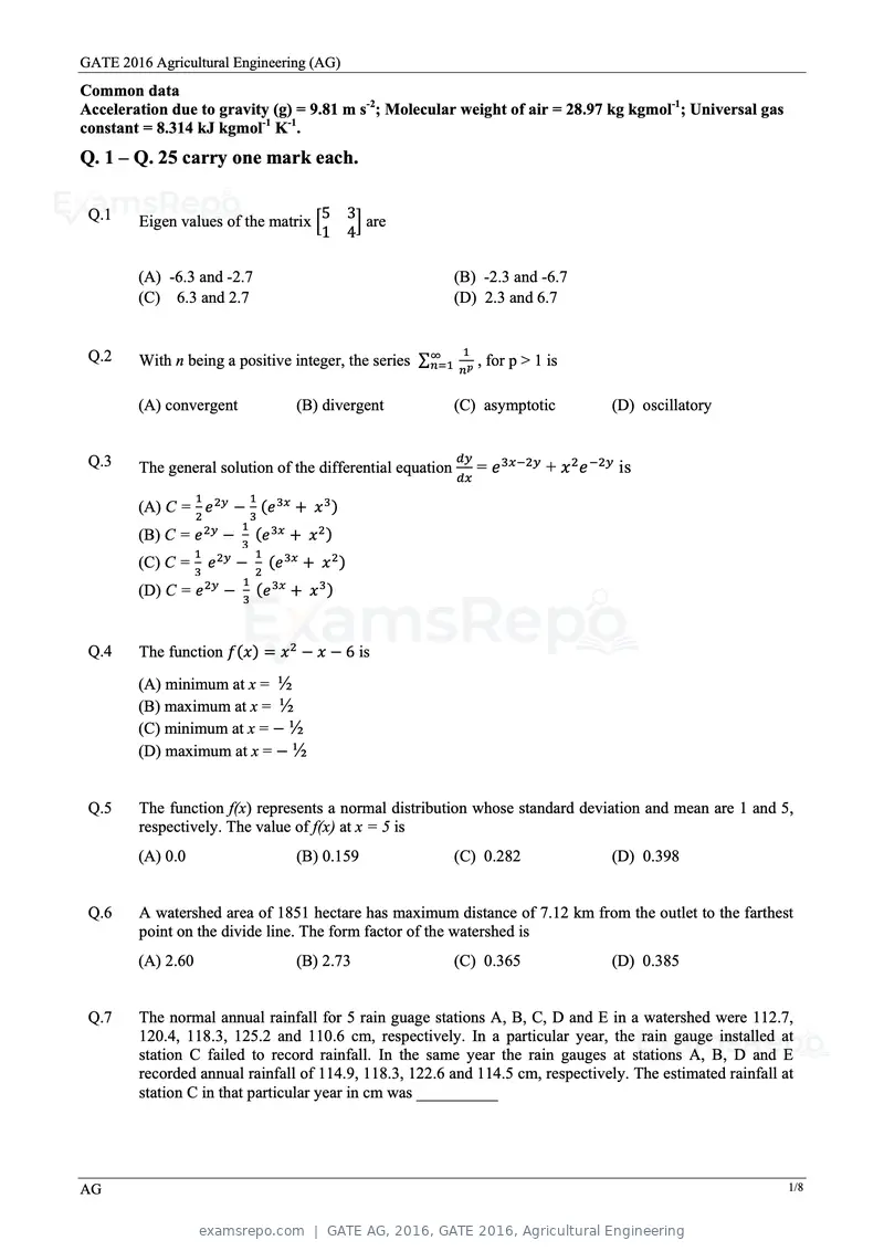 GATE AG 2016 question paper, GATE 2016, Agricultural Engineering, page 4 of 13