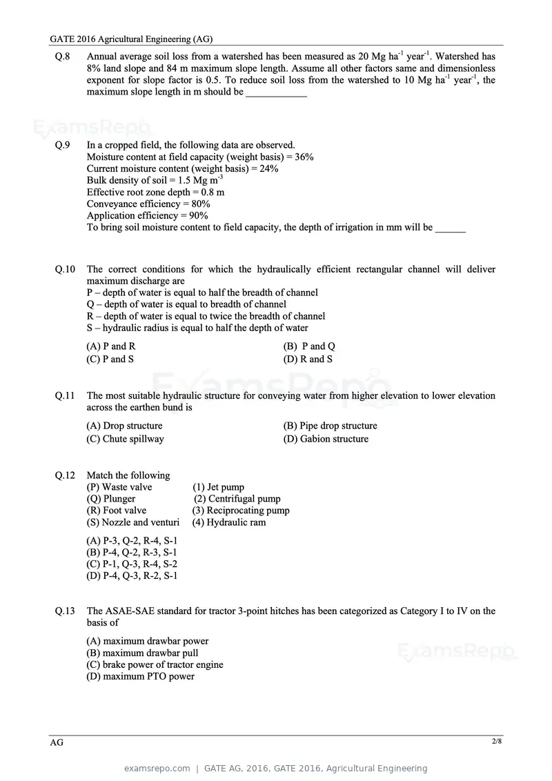 GATE AG 2016 question paper, GATE 2016, Agricultural Engineering, page 5 of 13