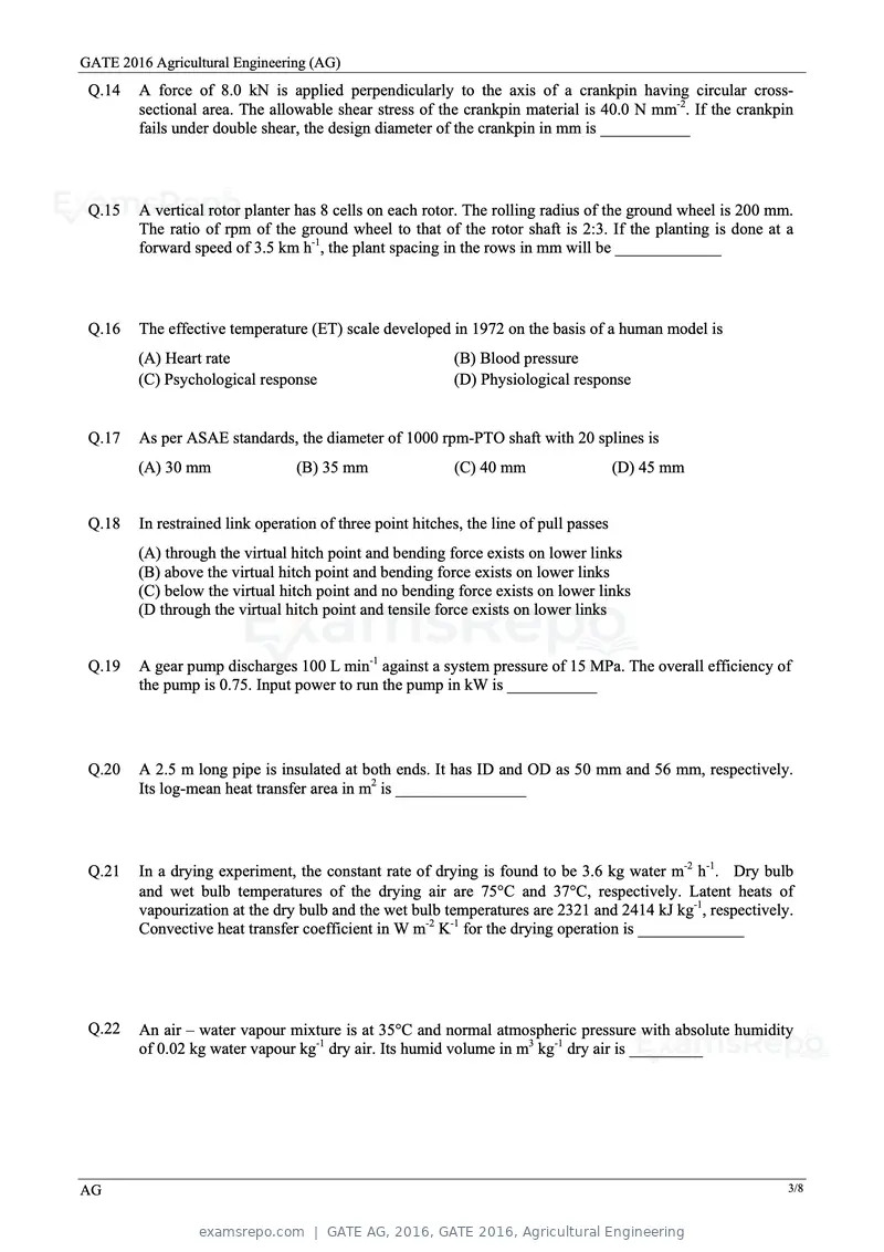 GATE AG 2016 question paper, GATE 2016, Agricultural Engineering, page 6 of 13