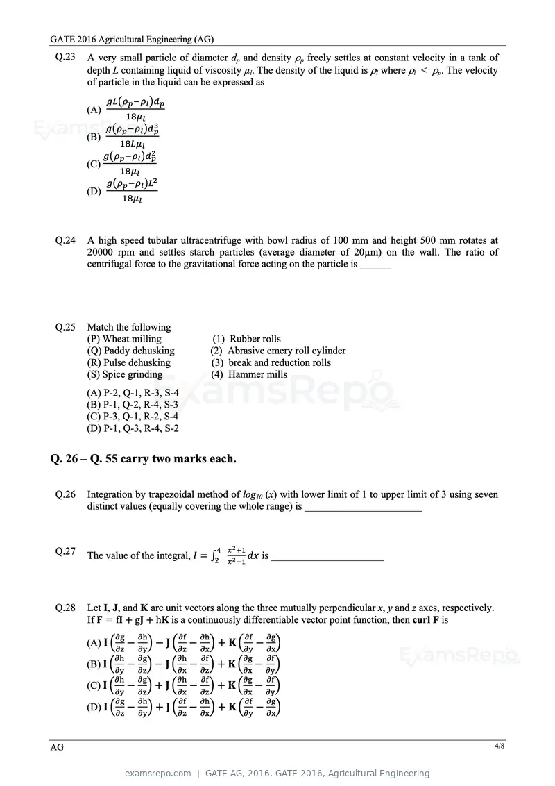 GATE AG 2016 question paper, GATE 2016, Agricultural Engineering, page 7 of 13