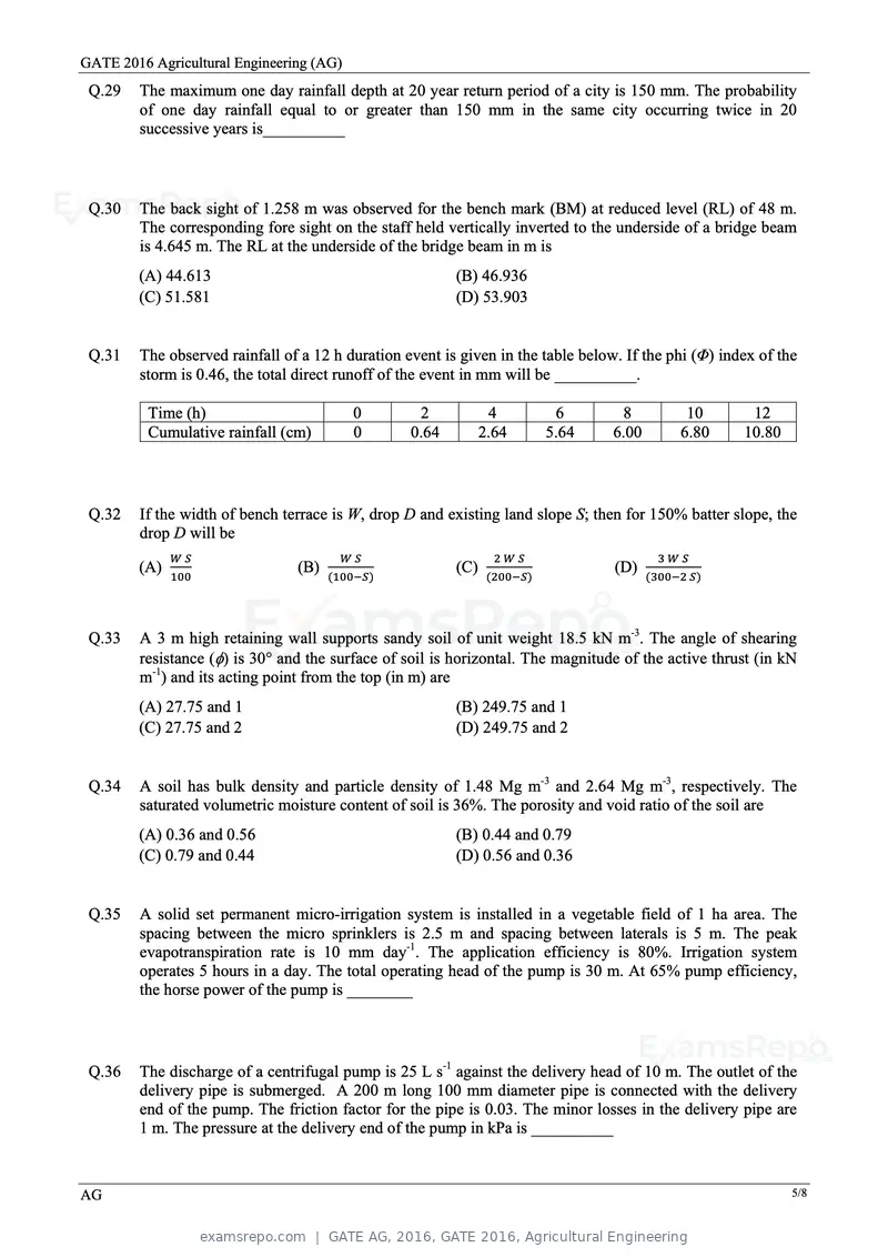 GATE AG 2016 question paper, GATE 2016, Agricultural Engineering, page 8 of 13