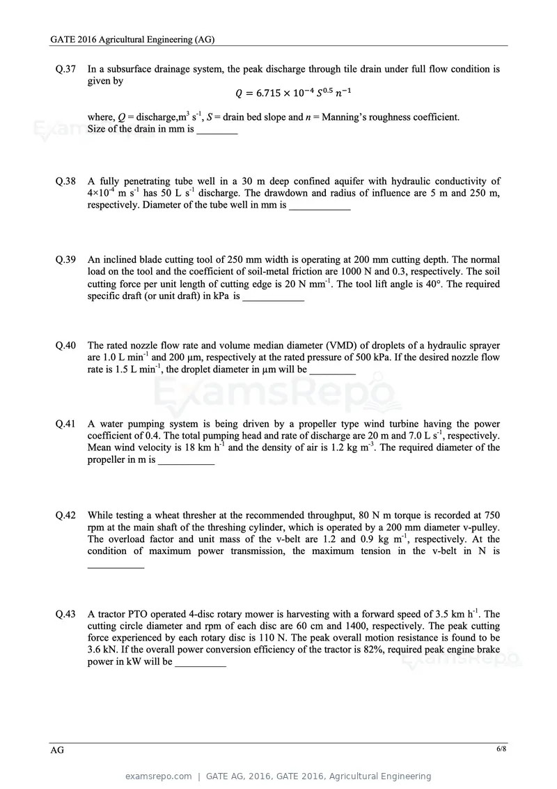 GATE AG 2016 question paper, GATE 2016, Agricultural Engineering, page 9 of 13