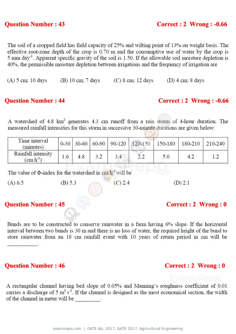 GATE AG 2017 question paper, GATE 2017, Agricultural Engineering, page 11 of 18