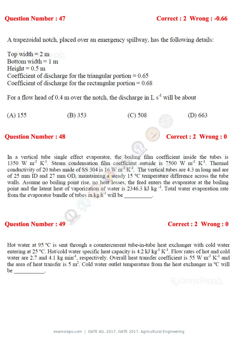 GATE AG 2017 question paper, GATE 2017, Agricultural Engineering, page 12 of 18