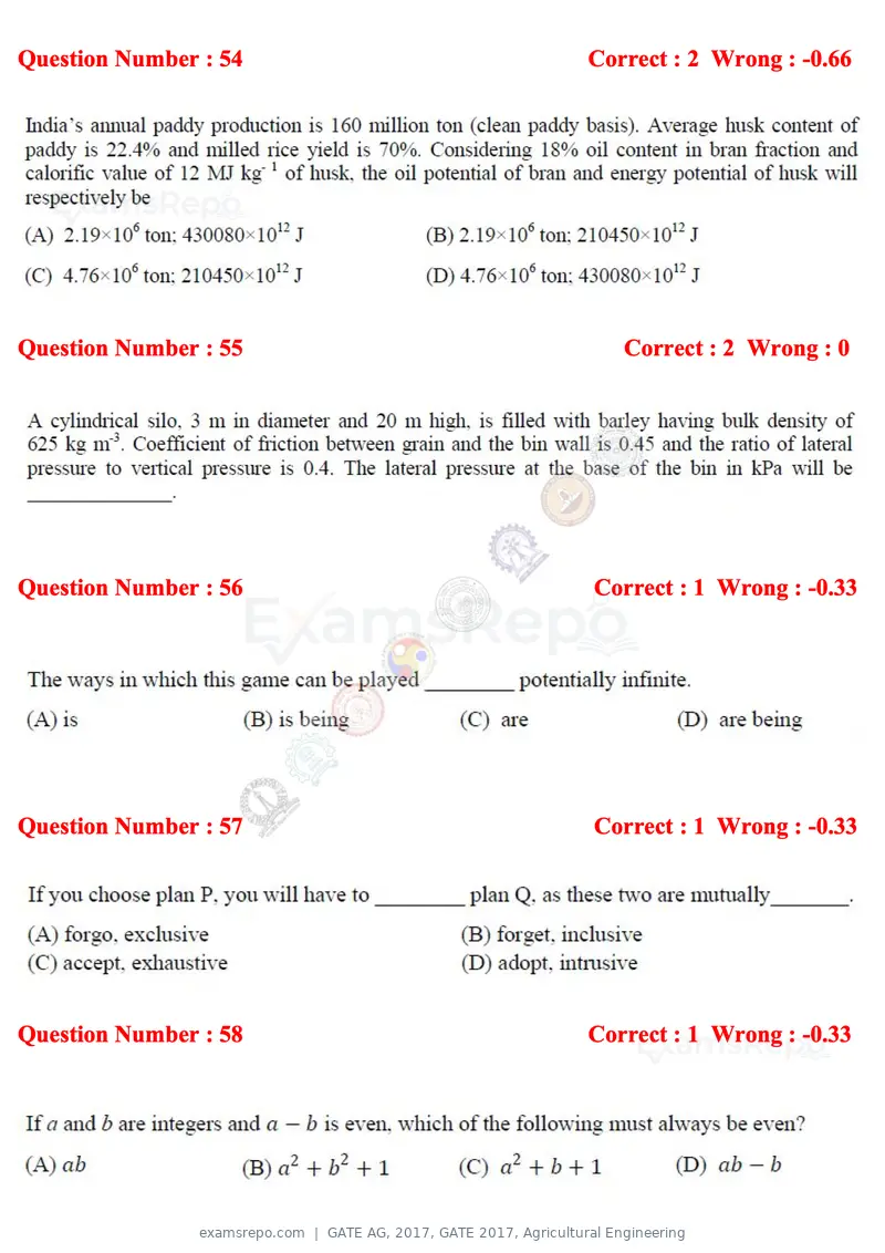 GATE AG 2017 question paper, GATE 2017, Agricultural Engineering, page 14 of 18