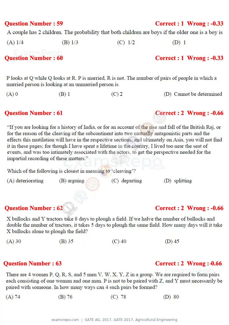 GATE AG 2017 question paper, GATE 2017, Agricultural Engineering, page 15 of 18
