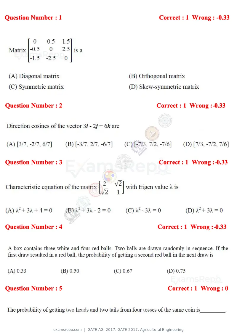 GATE AG 2017 question paper, GATE 2017, Agricultural Engineering, page 2 of 18