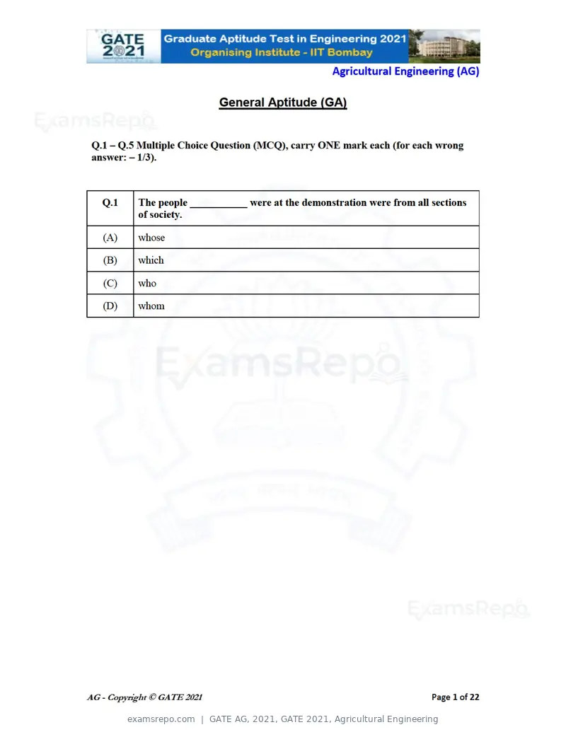 GATE AG 2021 question paper, GATE 2021, Agricultural Engineering, page 1 of 25