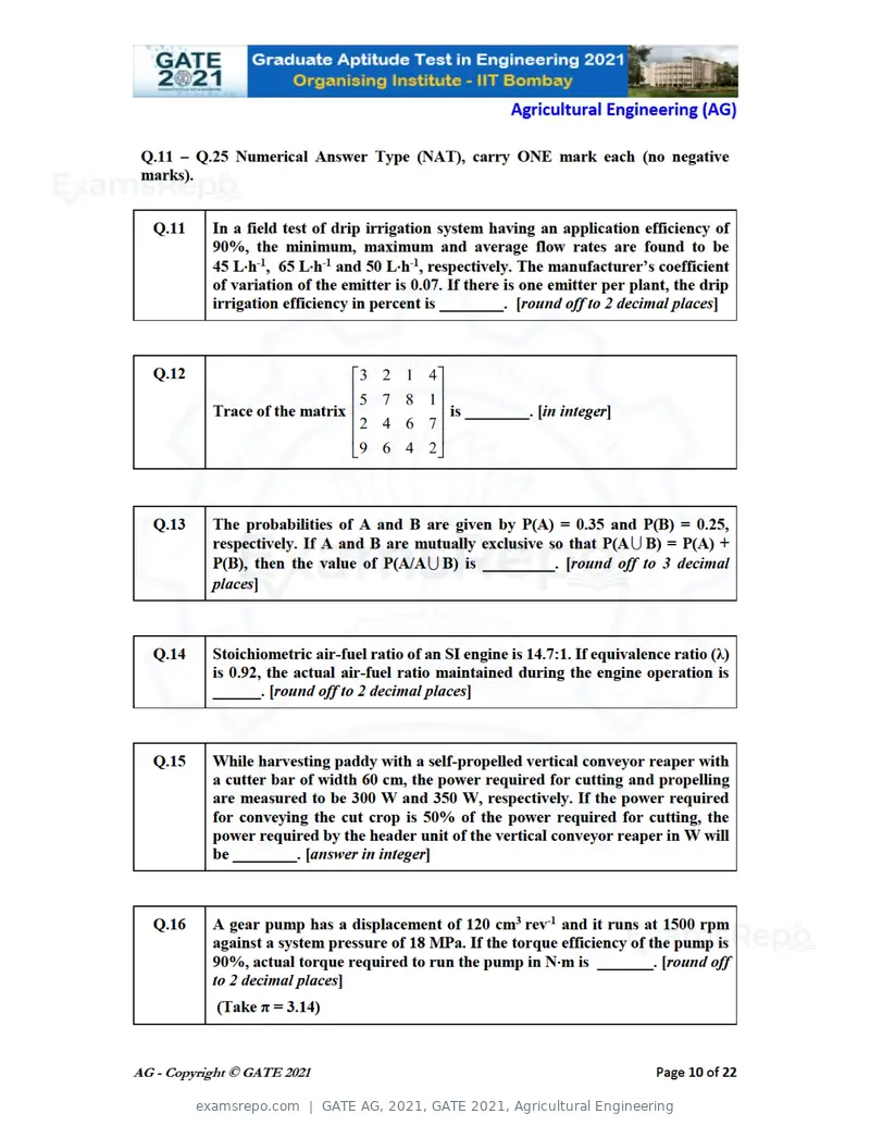 GATE AG 2021 question paper, GATE 2021, Agricultural Engineering, page 10 of 25