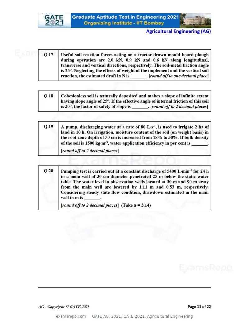 GATE AG 2021 question paper, GATE 2021, Agricultural Engineering, page 11 of 25