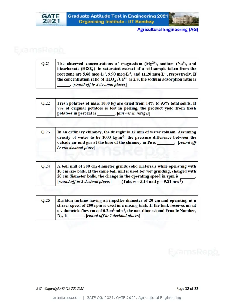 GATE AG 2021 question paper, GATE 2021, Agricultural Engineering, page 12 of 25