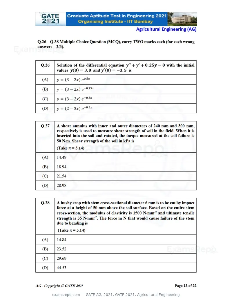GATE AG 2021 question paper, GATE 2021, Agricultural Engineering, page 13 of 25