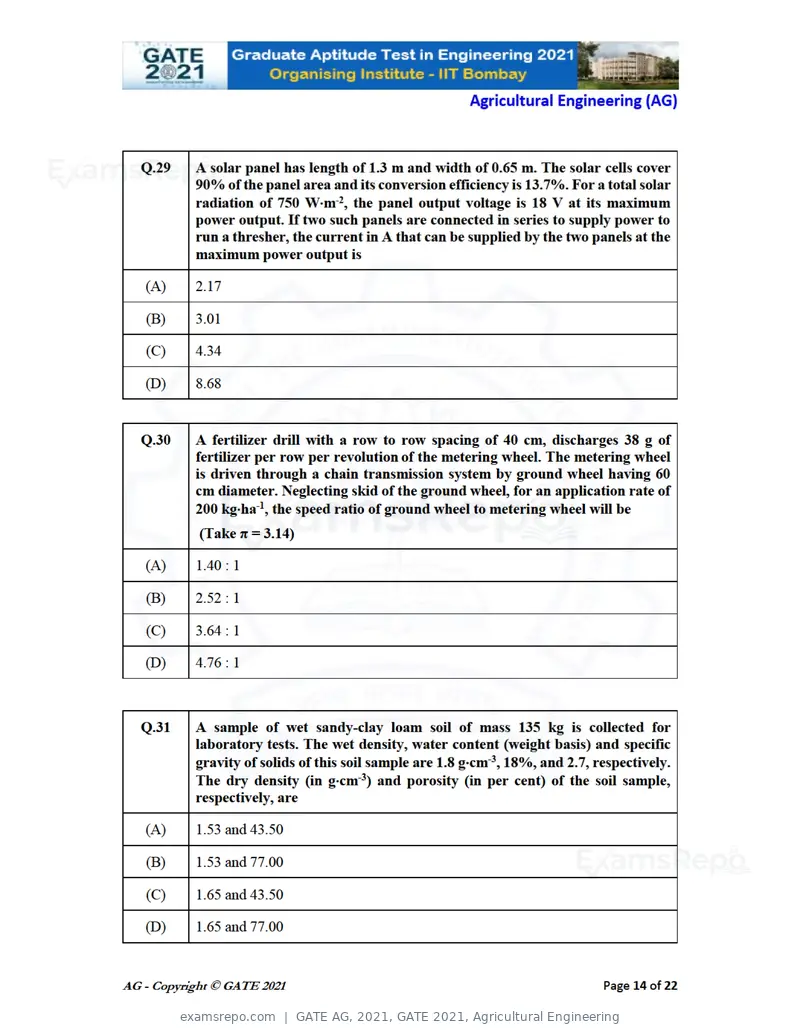 GATE AG 2021 question paper, GATE 2021, Agricultural Engineering, page 14 of 25