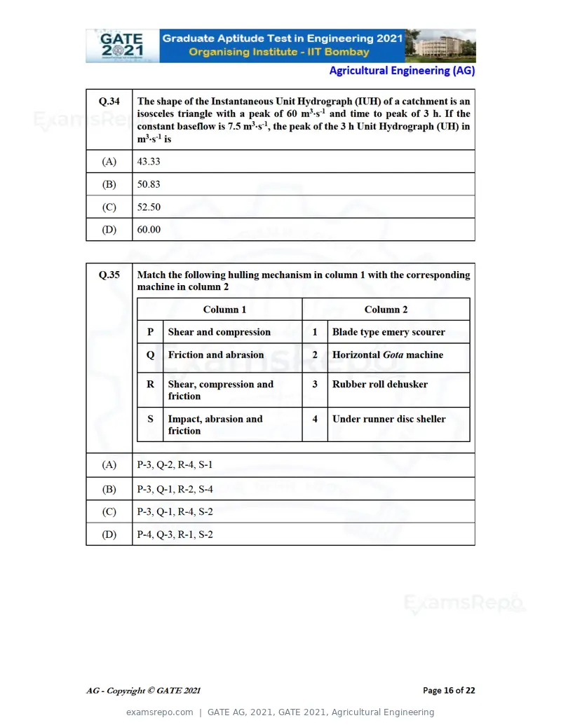 GATE AG 2021 question paper, GATE 2021, Agricultural Engineering, page 16 of 25
