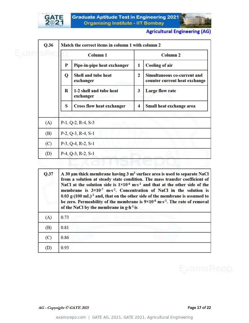GATE AG 2021 question paper, GATE 2021, Agricultural Engineering, page 17 of 25