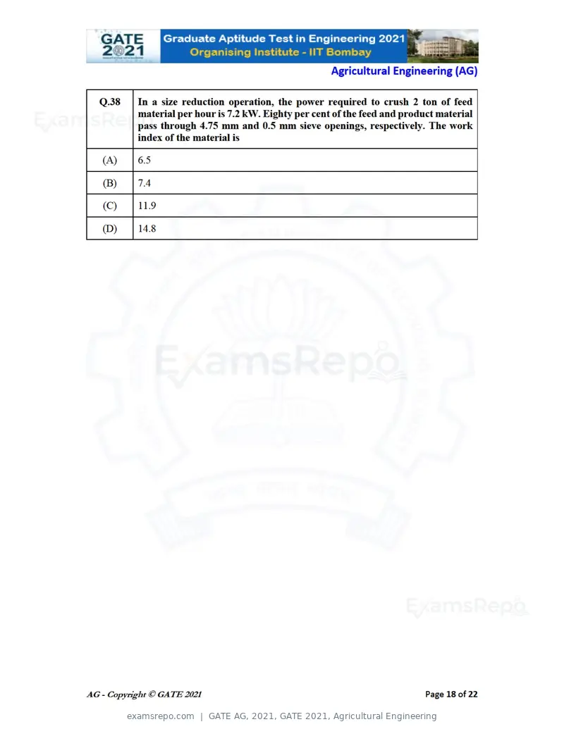 GATE AG 2021 question paper, GATE 2021, Agricultural Engineering, page 18 of 25