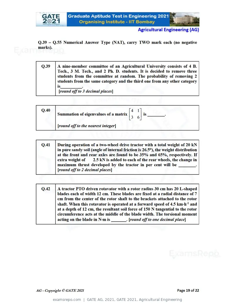GATE AG 2021 question paper, GATE 2021, Agricultural Engineering, page 19 of 25