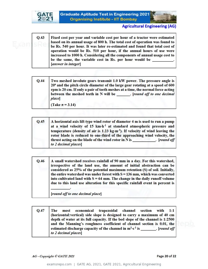 GATE AG 2021 question paper, GATE 2021, Agricultural Engineering, page 20 of 25