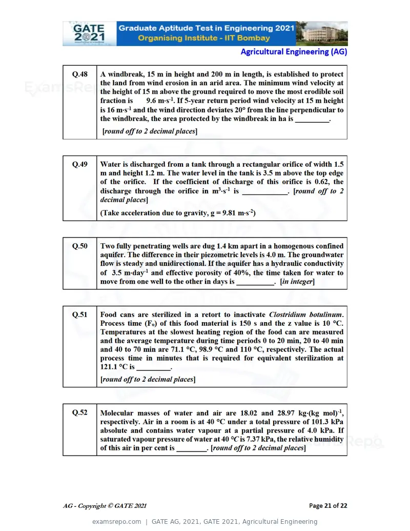 GATE AG 2021 question paper, GATE 2021, Agricultural Engineering, page 21 of 25