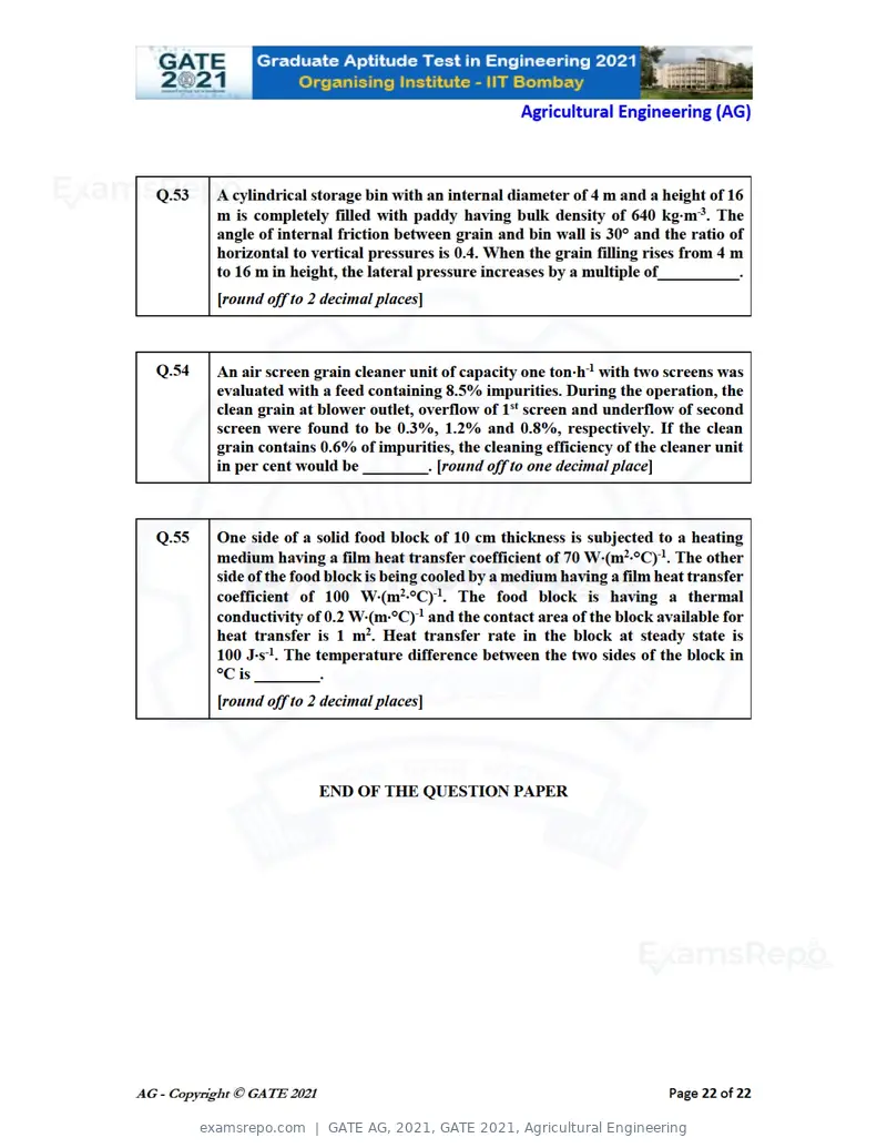 GATE AG 2021 question paper, GATE 2021, Agricultural Engineering, page 22 of 25