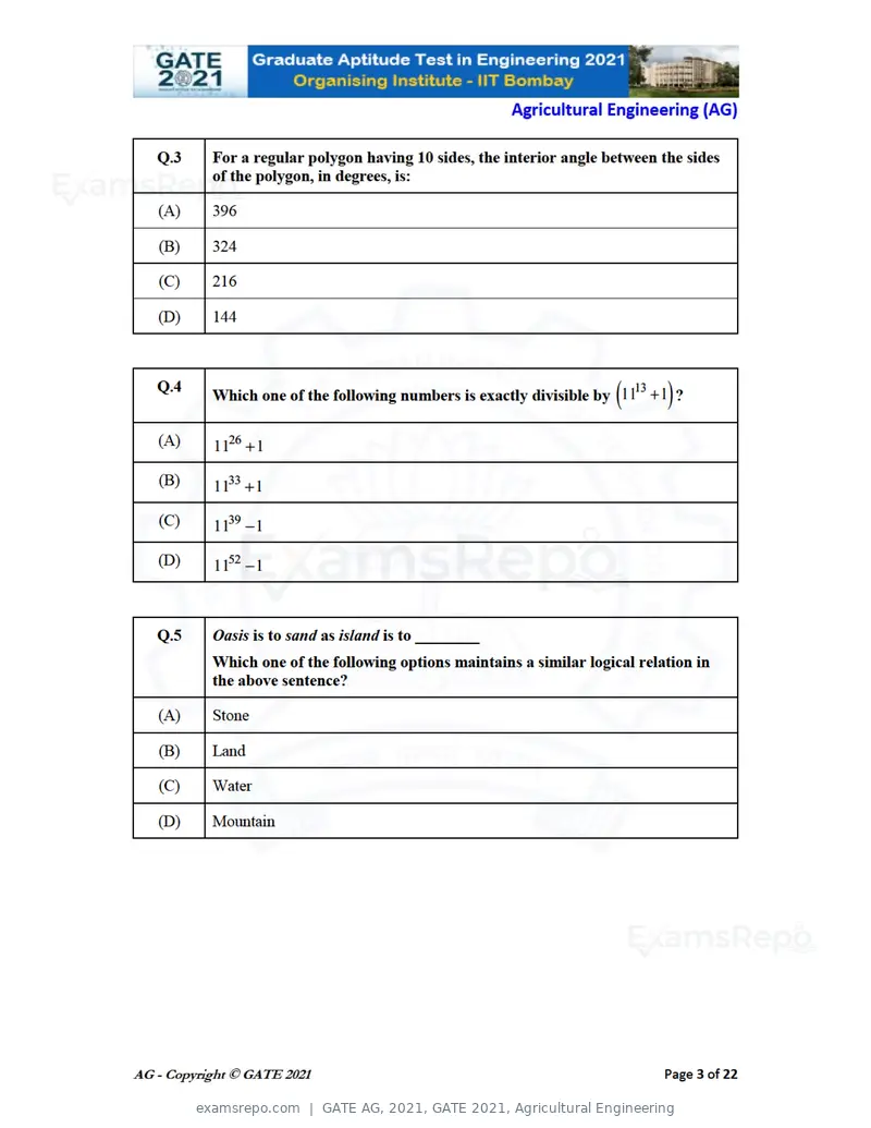 GATE AG 2021 question paper, GATE 2021, Agricultural Engineering, page 3 of 25