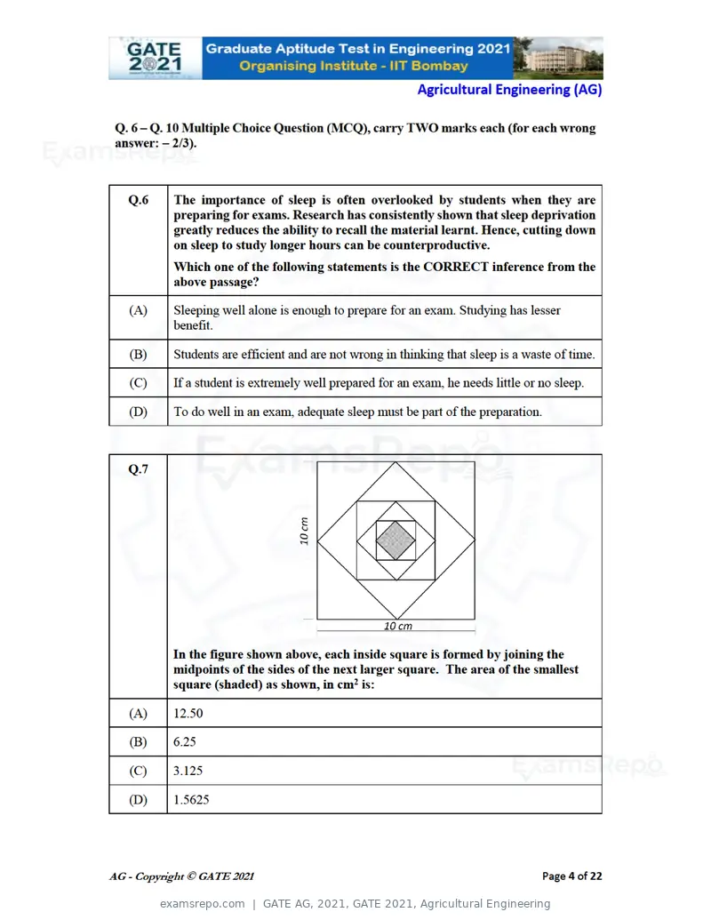 GATE AG 2021 question paper, GATE 2021, Agricultural Engineering, page 4 of 25