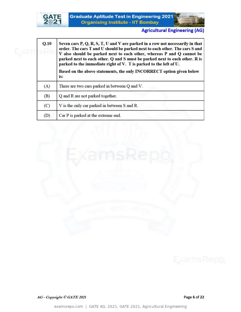 GATE AG 2021 question paper, GATE 2021, Agricultural Engineering, page 6 of 25