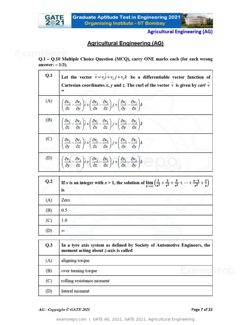 GATE AG 2021 question paper, GATE 2021, Agricultural Engineering, page 7 of 25