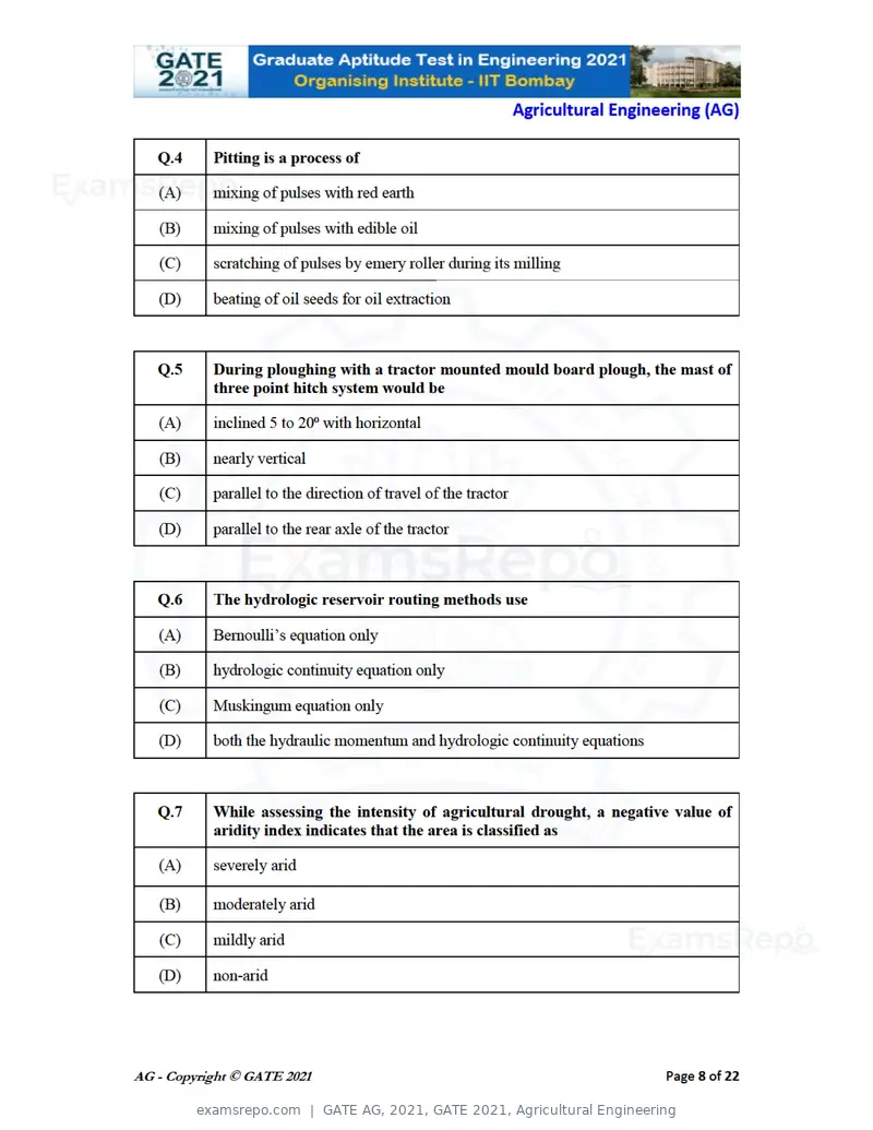 GATE AG 2021 question paper, GATE 2021, Agricultural Engineering, page 8 of 25