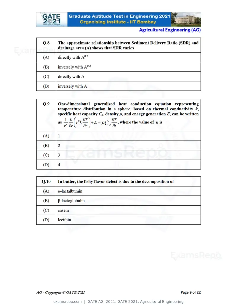 GATE AG 2021 question paper, GATE 2021, Agricultural Engineering, page 9 of 25