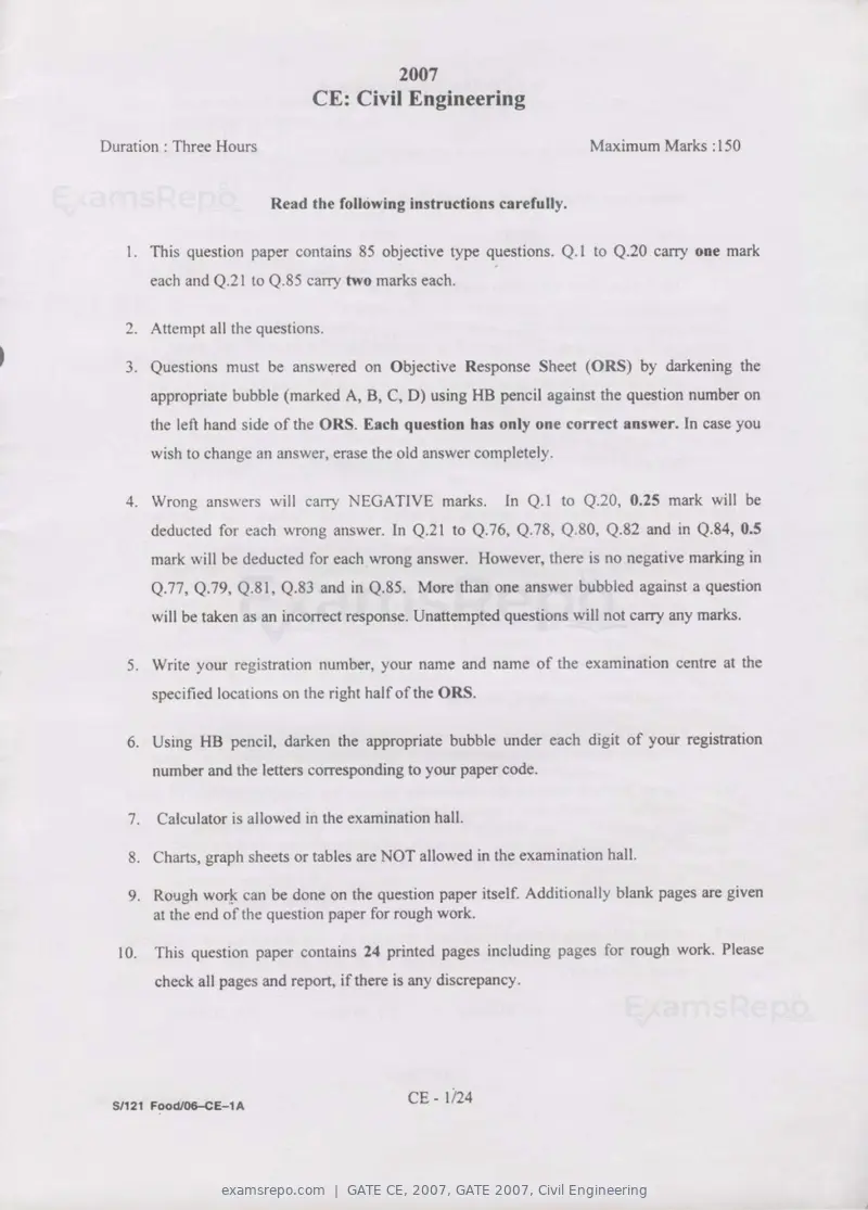 GATE CE 2007 question paper, GATE 2007, Civil Engineering, page 1 of 18