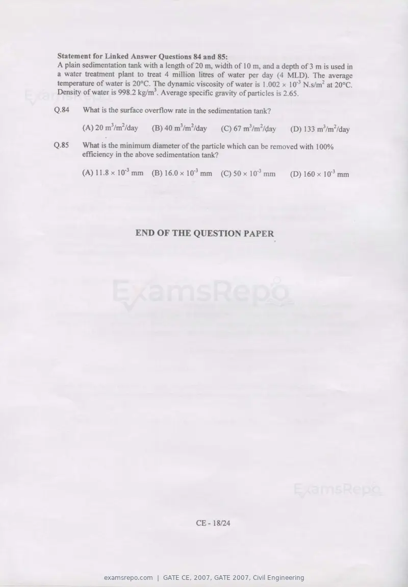 GATE CE 2007 question paper, GATE 2007, Civil Engineering, page 18 of 18