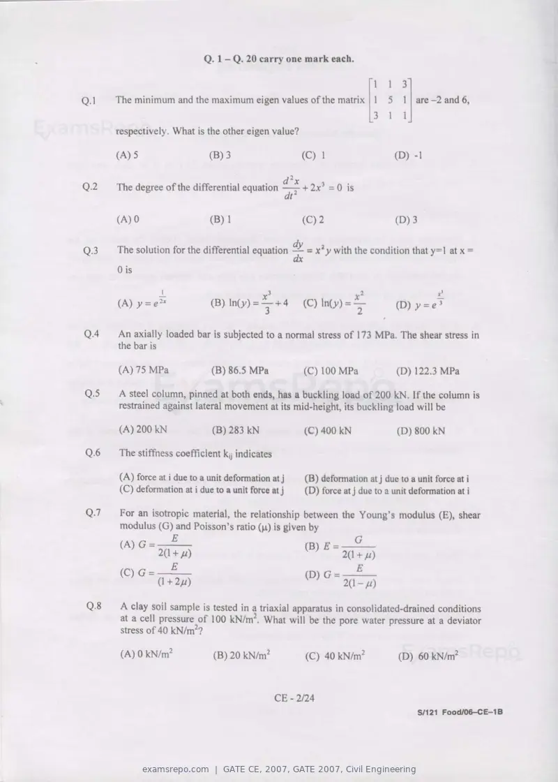 GATE CE 2007 question paper, GATE 2007, Civil Engineering, page 2 of 18