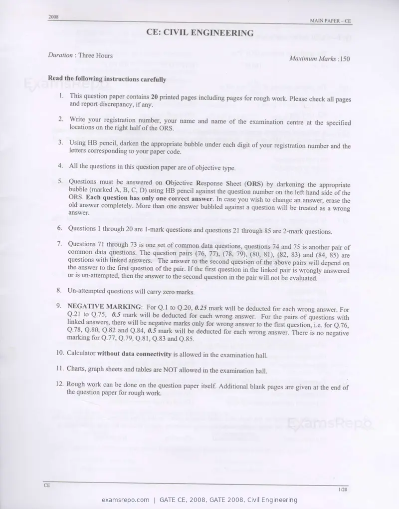 GATE CE 2008 question paper, GATE 2008, Civil Engineering, page 1 of 14